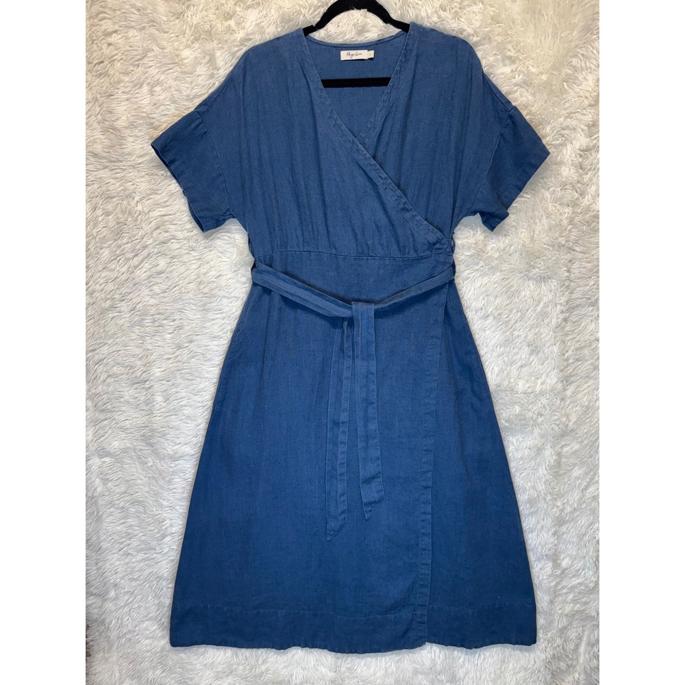 MagicLinen Blue 100% Linen Wrap Dress Short Sleeve V-Neck Midi Large